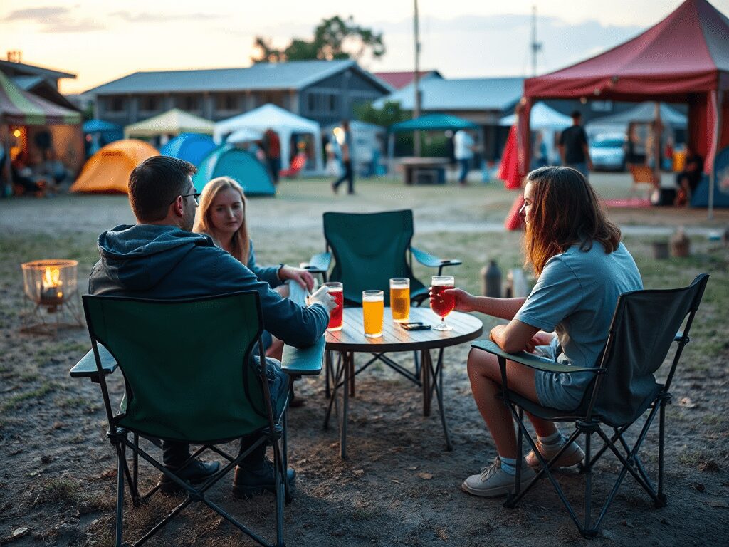a group of friends sitting in a circle at a festival cmap site on their camping chairs around a portable table with drinks on it and have one of the chairs in the focus